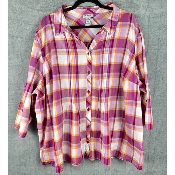 Catherines Top Womens 3X Purple Plaid Button Down Roll Sleeve Tunic Cottagecore - Picture 1 of 13